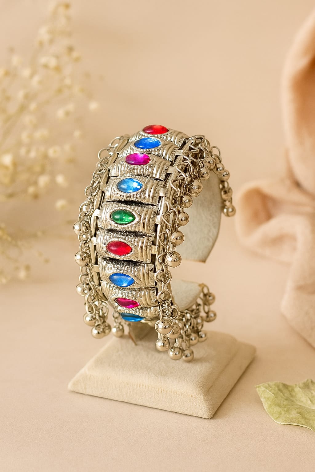 Boho Oxidized Silver Bracelet with Stone Embellishments & Ghungroo Charms