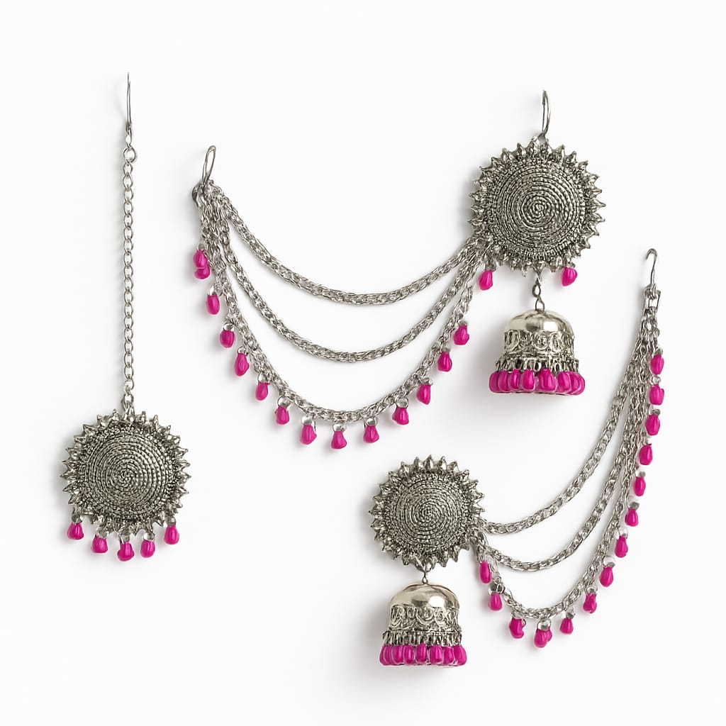 Oxidized Silver Triple Chain Jhumka Earrings – Ethnic Handcrafted Design