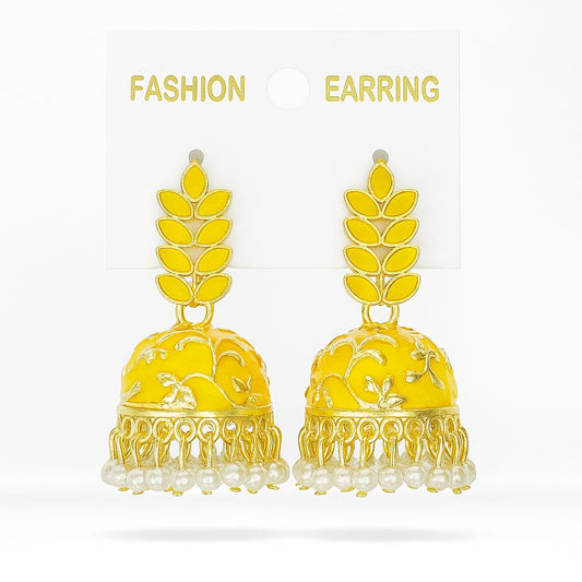 Elegant Enamel Jhumka Earrings with Pearl Droplets – Traditional Indian Ethnic Wear