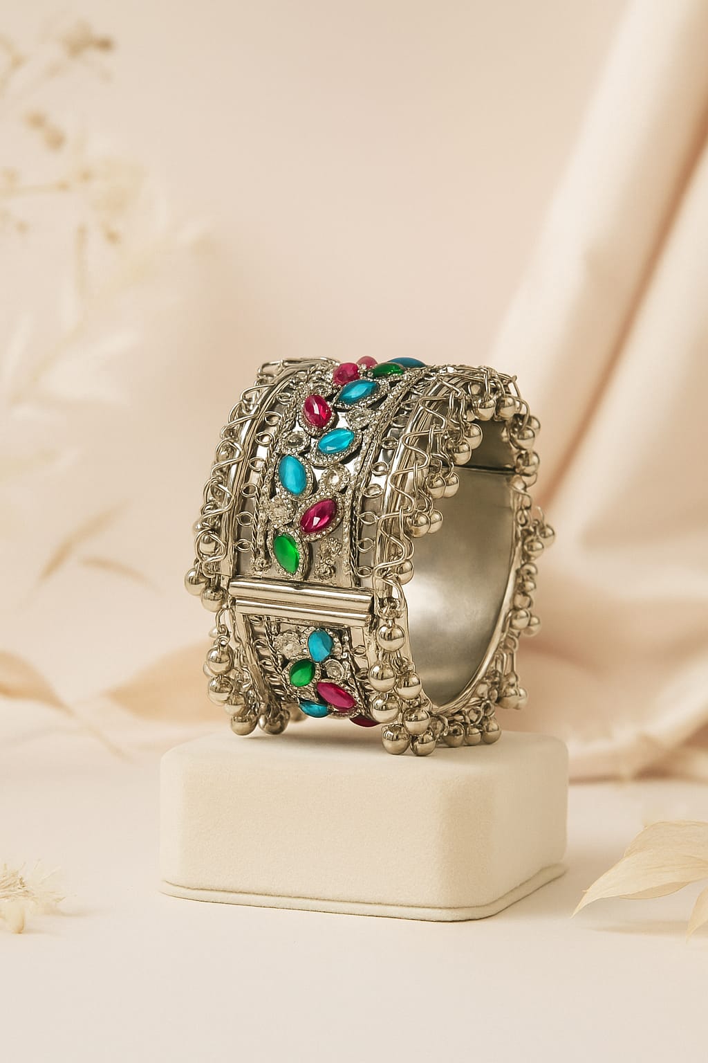 Boho Oxidized Silver Bracelet with Stone Embellishments & Ghungroo Charms