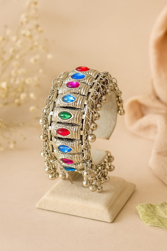 Boho Oxidized Silver Bracelet with Stone Embellishments & Ghungroo Charms