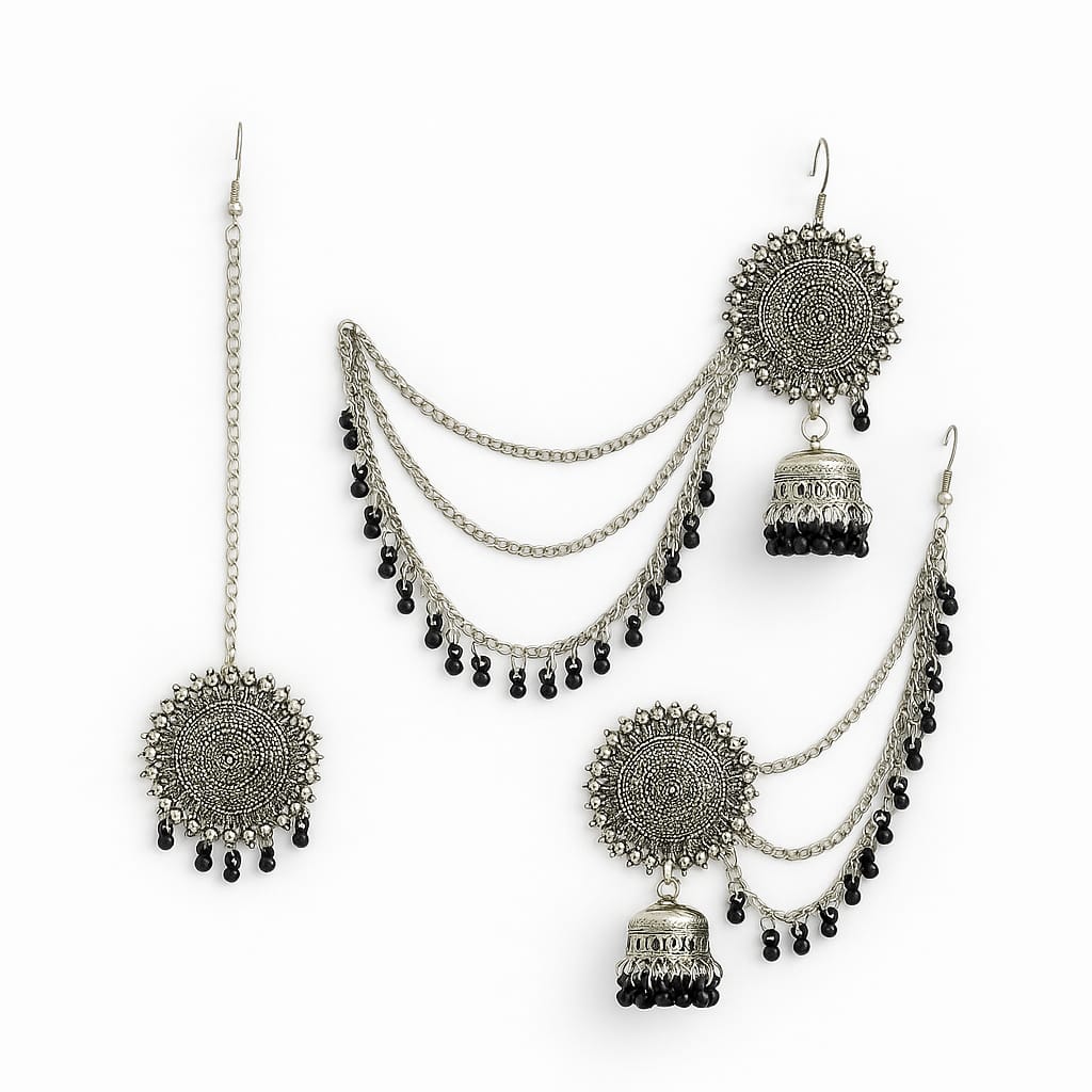 Oxidized Silver Triple Chain Jhumka Earrings – Ethnic Handcrafted Design