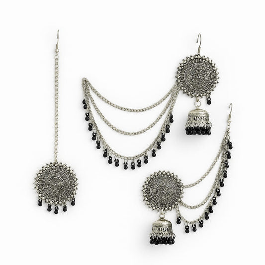 Oxidized Silver Triple Chain Jhumka Earrings – Ethnic Handcrafted Design