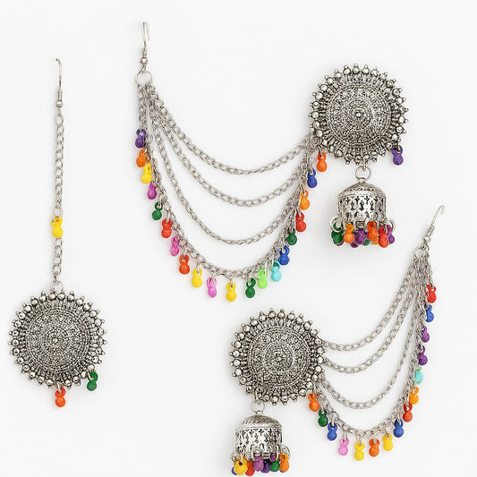Oxidized Silver Triple Chain Jhumka Earrings – Ethnic Handcrafted Design